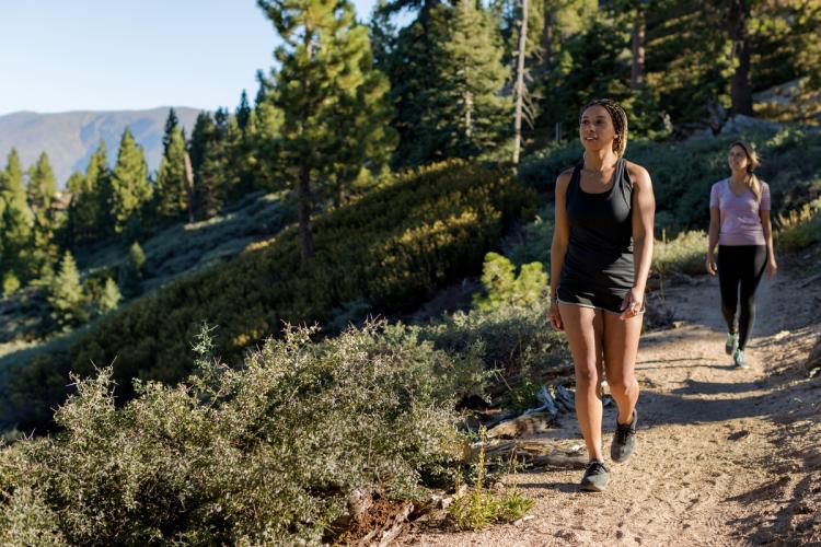 A photo of two women walking on a dirt trail - the sunlight is shining on them as well as the trees and mountains behind.