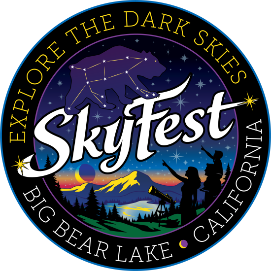 A digital logo for the Big Bear Lake SkyFest - it shows a constellation of a bear, the mountains, lake, moon, and stars.