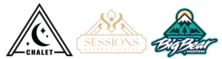 An array of three digital logos featuring A-Chalet, Sessions Retreat & Hotel, and Big Bear Vacations.