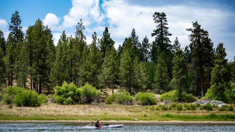 A kayaker paddles by the shore of Big Bear Lake. Green shrubs and pine trees are visible on the shore.