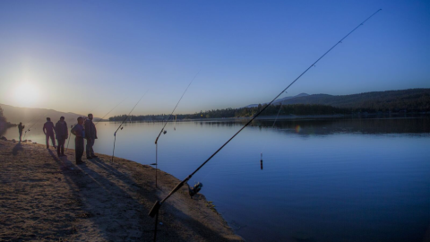 A group of fishermen monitor their lines in Big Bear Lake
