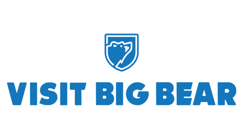 A digital logo for the Big Bear Visitor Center - the logo states "Visit Big Bear" in blue text with a brand shield logo above