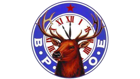 A digital logo for the Big Bear Lake Elks Lodge - there is an elk depicted in front of a roman numeral clock.