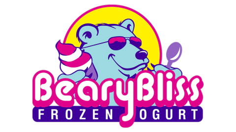 A digital logo for Beary Bliss Frozen Yogurt - there is a blue bear holding a cup of frozen yogurt and a purple spoon.