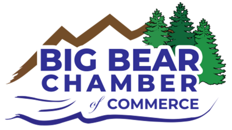 A digital logo for the Big Bear Chamber of Commerce - it depicts the mountains, green trees, and a blue lake.