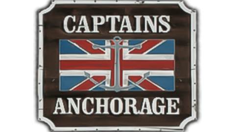 A digital logo for Captain's Anchorage - there is a ship anchor placed in front of England's national flag.