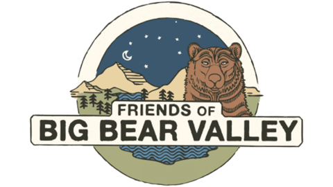 A digital logo for the Friends Of Big Bear Valley - there is a brown bear, trees, mountains, and lake depicted at night.