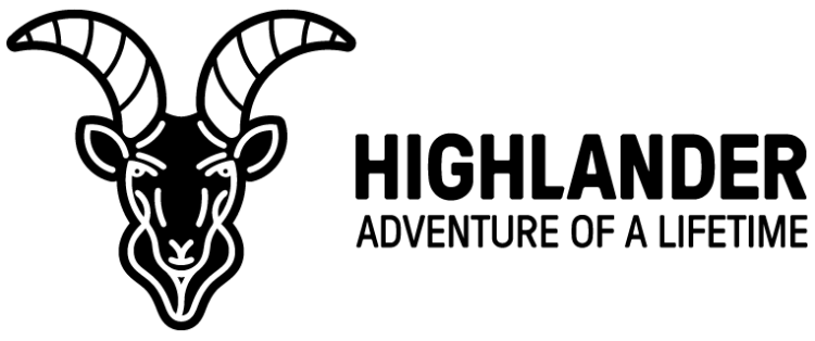 Black and white Highlander logo of big horned sheep and the title Highlander.