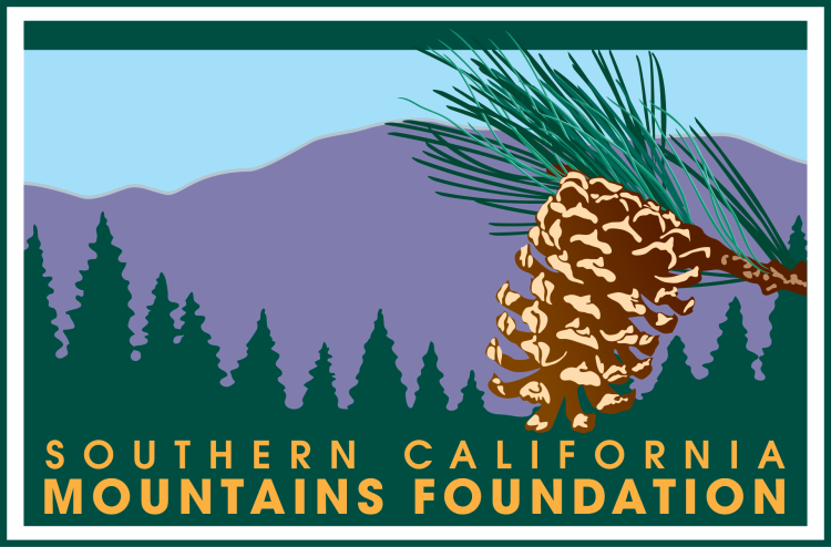 A digital logo for the Southern California Mountains Foundation, their logo has a pine cone with trees in the background.