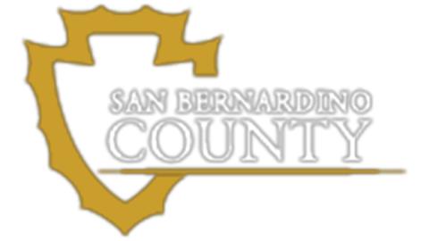 A digital logo for the San Bernardino County - the logo has a yellow shield with curved spikes.