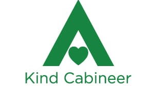 A digital logo for Kind Cabineer. Their logo is a green triangle with a heart in the center.