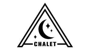 A digital logo for the A-Chalet, located in Big Bear. It has a waning crescent moon and stars under a tent like triangle.