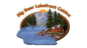 A digital logo for Big Bear Lakefront Cabins. The logo has trees, a shoreline cabin, mountains, a sunrise, and a blue lake.