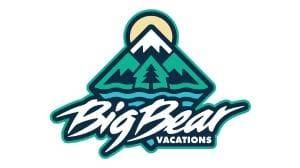 A digital logo for Big Bear Vacations. The logo shows mountains, the lake, and a sun peaking from behind the snow topped peak