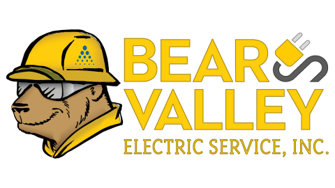 A digital logo for Bear Valley Electric Service Inc. There is a brown bear with a yellow hard hat and safety glasses.