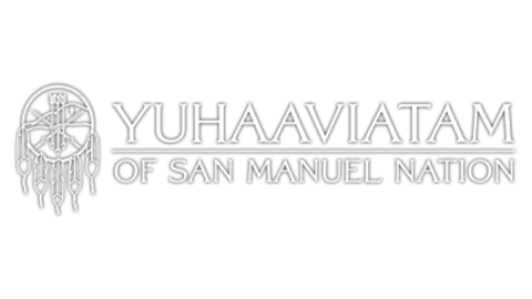 A digital logo for the Yuhaaviatam of San Manuel Nation - the tribe's logo has outlines of arrows, feathers, and mountains.