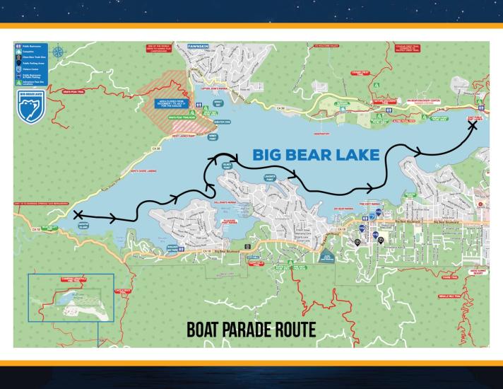 A route map for the Big Bear Labor Day Boat Parade Of Lights - the boats start at the west end of the lake ending at the east