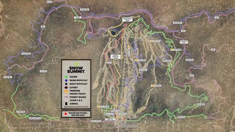 The 2026 Snow Summit summer trail map featuring the biking trails around snow summit