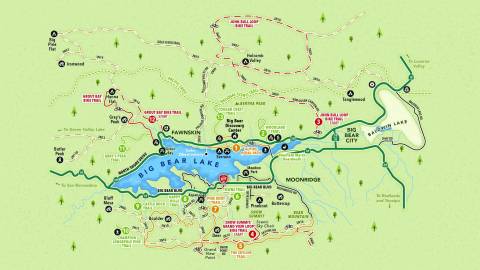 Big Bear hiking trail map depicting different trails, campsites, and picnic sites around Big Bear Lake