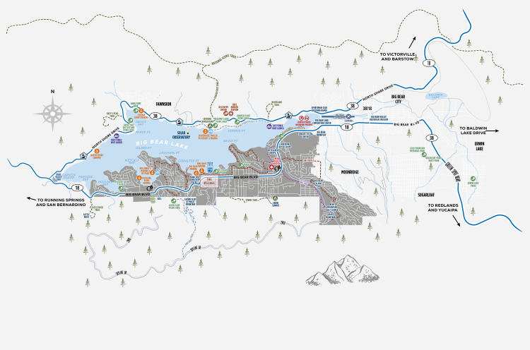A digital map for Big Bear Lake, it depicts key locations such as trails and parks, it also has the three main entry roads.