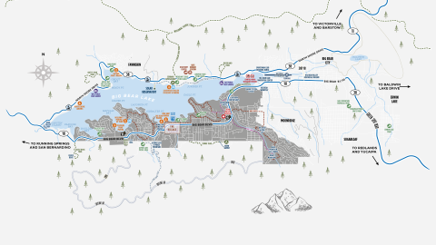 A digital map for Big Bear Lake, it depicts key locations such as trails and parks, it also has the three main entry roads.