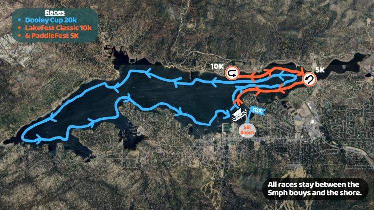 A digital course map for the Big Bear Paddlefest - there are two race lengths, the blue line for 20k and orange for 10k & 5k.