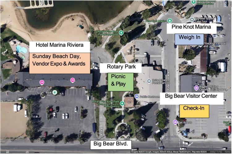 An overhead map for the 2026 Fishin' For 50K Event happening Big Bear Lake, Calfornia - it highlights key event locations.