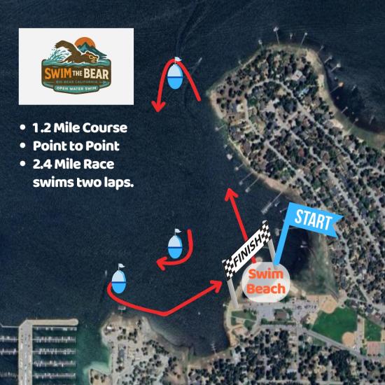 A digital course map for the Big Bear Paddlefest - the red arrows lead around the shoreline and bouys, ending at Swim Beach.