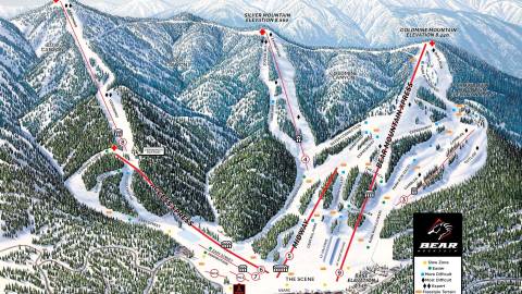 A map of the Bear Mountain winter ski run trails detailing their difficulty and elevations.