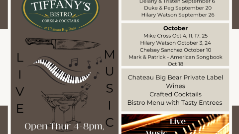 A digital flyer for Live Music at Tiffany's Bistro located at Chateau Big Bear.
