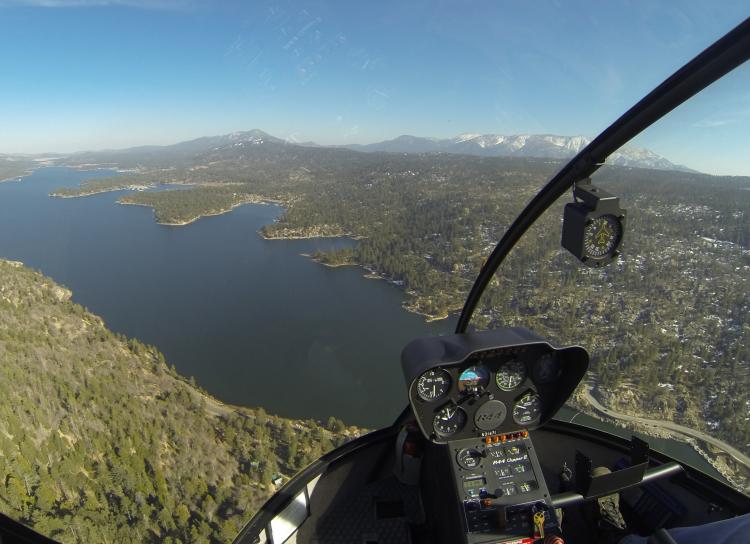 An aerial view from inside the Big Bear helicopter as it flies over Big Bear Lake.