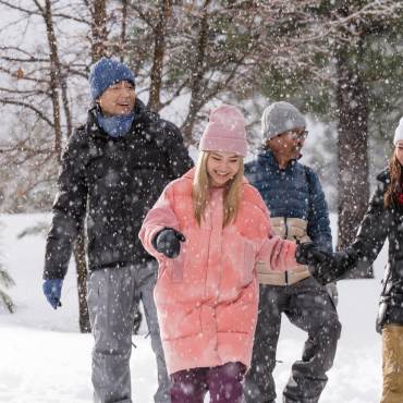 A group of 4 warmly bundled people in the snow - there are snow flakes falling around them and green trees behind them.