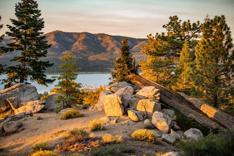 A view of Big Bear Lake through the trees from the Castle Rock hiking trail in the Fall Season. It is sunset.