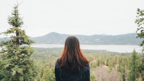 A photo of a female overlooking the Big Bear Lake from a vantage point in the lush green tree covered forest.