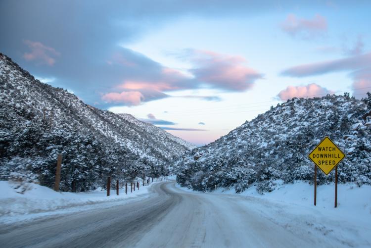 Snowy mountain road near Big Bear Lake