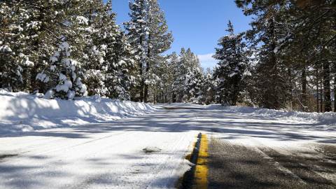 A Big Bear Lake road covered in snow and ice during winter in Big Bear, California
