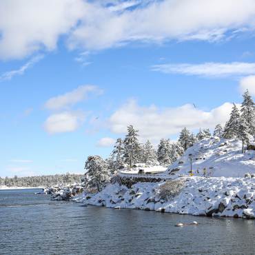 A snowy winter road in Big Bear Lake
