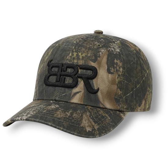 A camo colored snapback hat sold during the Big Bear Lake Rodeo - the front has the initials "BBR"