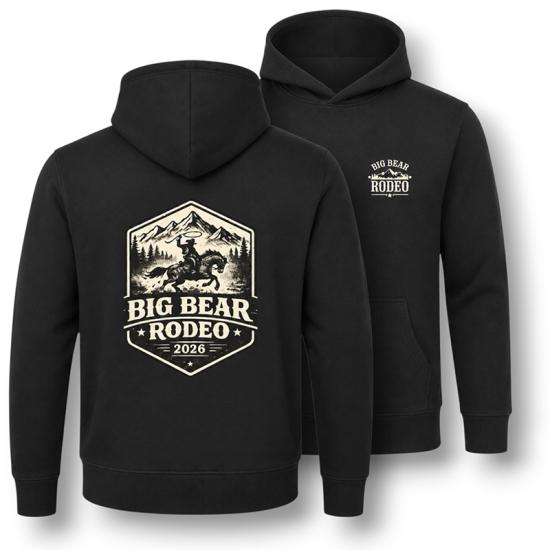 A charcoal colored hoodie sold during the Big Bear Lake Rodeo - the back has a gem shaped logo with a cowboy riding a horse.