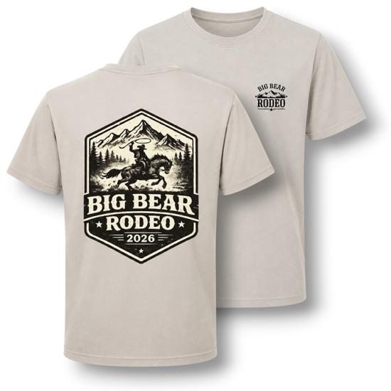 A white t-shirt sold during the Big Bear Lake Rodeo - the back has a gem shaped logo showing a cowboy riding a horse.
