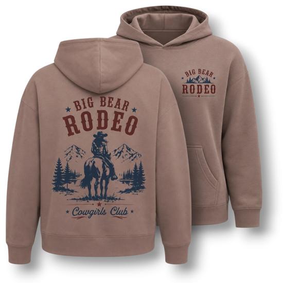 A mocha pink hoodie sold during the Big Bear Lake Rodeo - the back has a cowgirl riding on top of a horse.