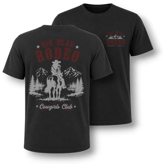 A charcoal colored t-shirt sold during the Big Bear Lake Rodeo - the back has a cowgirl riding on top of a horse.
