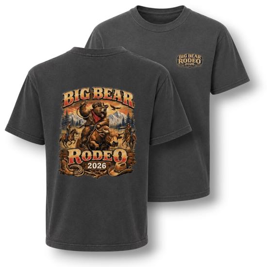 A charcoal colored t-shirt sold during the Big Bear Lake Rodeo - the back has a cowboy style bear riding on top of a bull.
