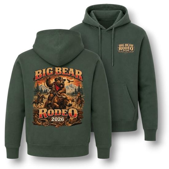A green hoodie sold during the Big Bear Lake Rodeo - the back has a cowboy style bear riding on top of a bull.