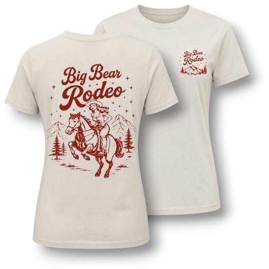 A white with red t-shirt sold during the Big Bear Lake Rodeo - the back has a cowgirl riding on top of a horse.