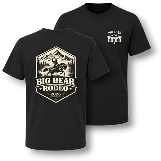 A charcoal colored t-shirt sold during the Big Bear Lake Rodeo - the back has the Rodeo's gem shaped logo with a cowboy.