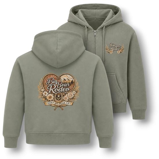 A gray-ish green zip-up hoodie sold during the Big Bear Lake Rodeo - it has a heart with a rope outlining it on the front.