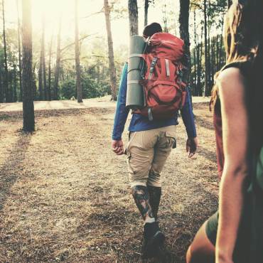 Stock Photo: Backpackers walk away from the camera into the woods.