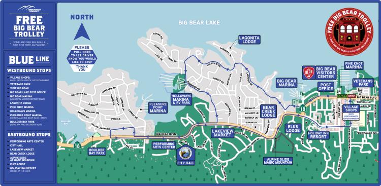 A digital map of the trolley route map, featuring the blue line which brings you across Big Bear Lake's village.