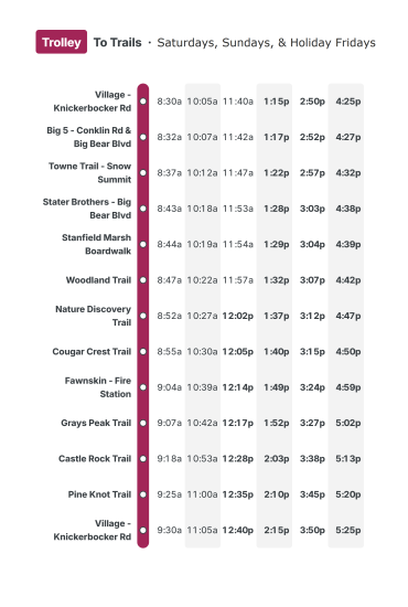 Big Bear Trolley to Trails Route Schedule - the route schedule begins at 8:30 AM and ends at 5:25 PM